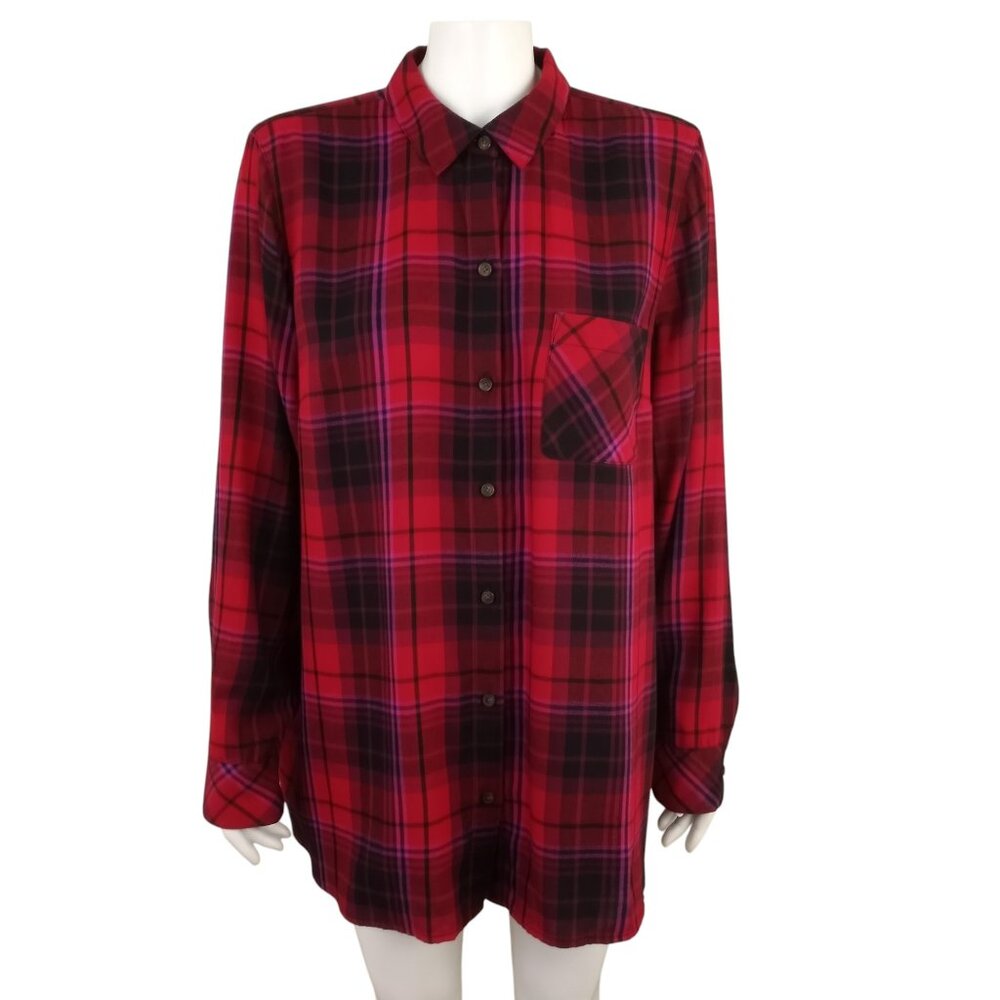 J Jill Red Plaid Button Front Long Sleeve Tunic Shirt